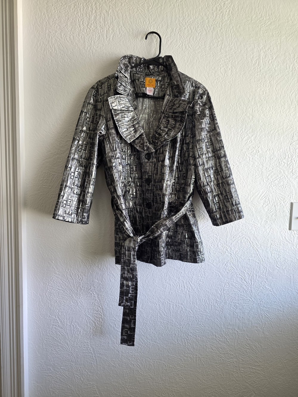 Ruby Rd. Black and Silver Metallic Ruffled Trench Coat - Picture 4 of 11